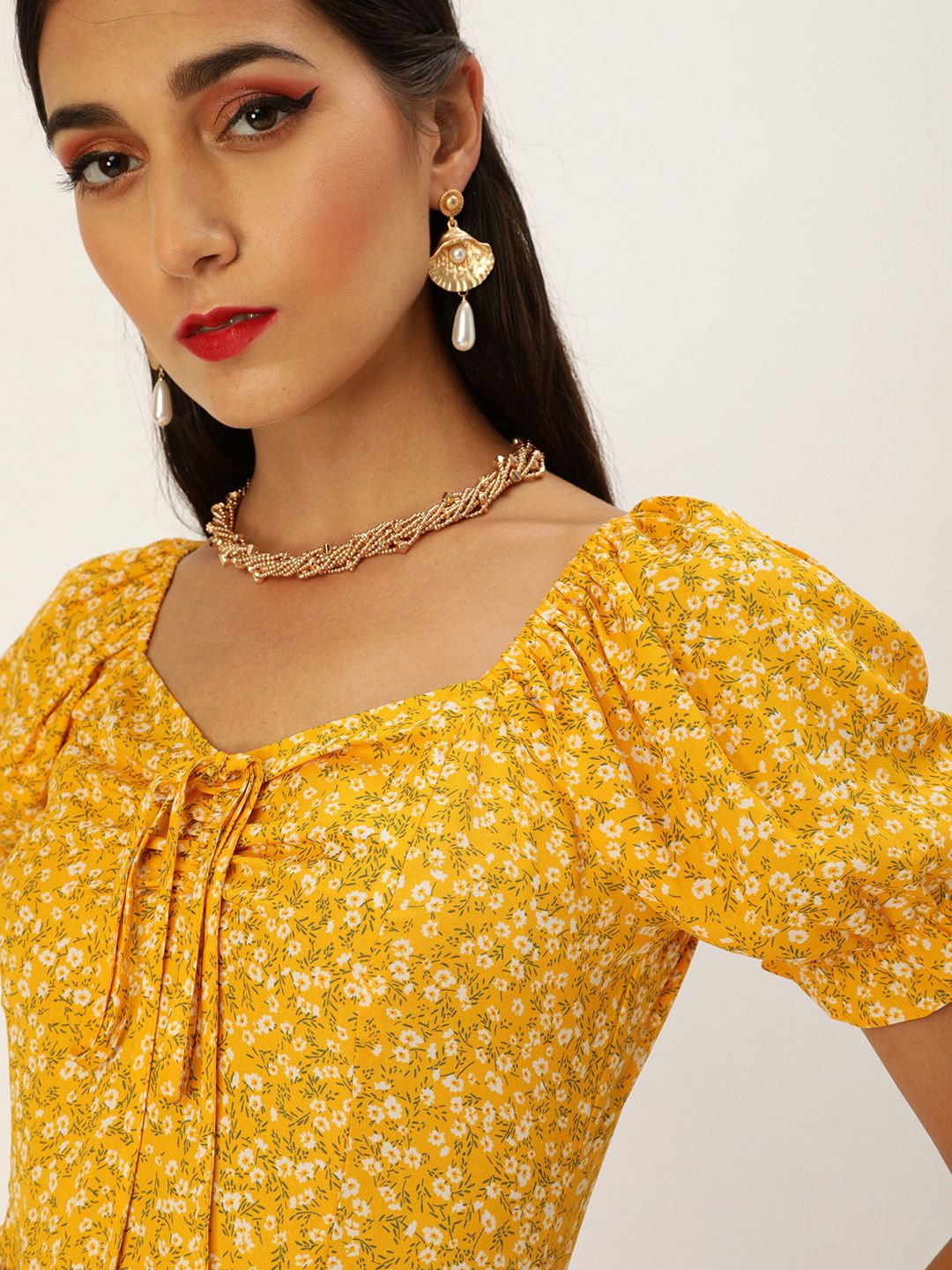 Berrylush Women Yellow & White Floral Printed Ruffled A-Line Dress with Tie-Up Detail
