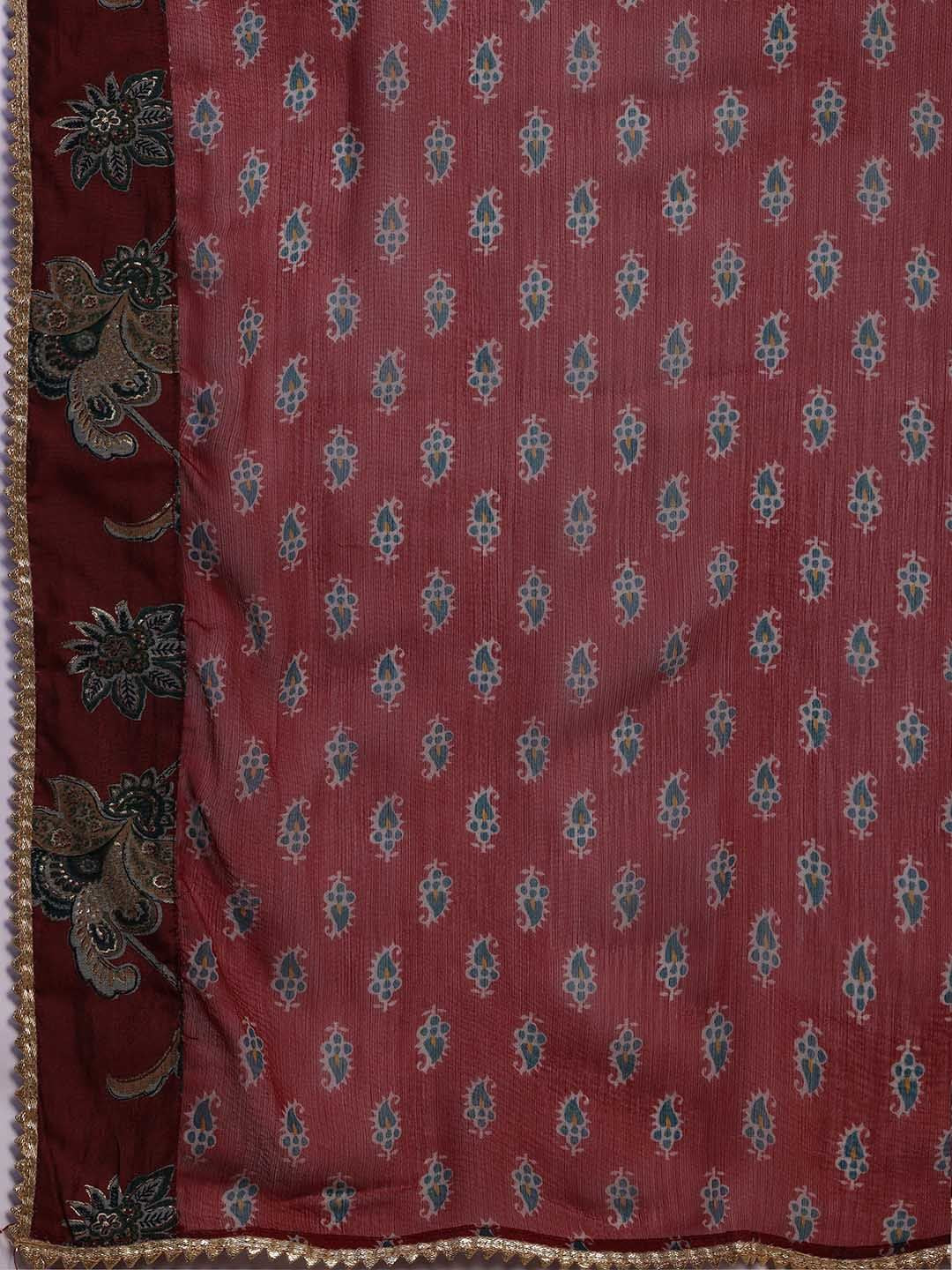 Libas Women Maroon & Green Floral Print Kurta with Palazzos & Dupatta