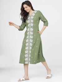 Vishudh Green Ethnic Motifs Ethnic A-Line Midi Dress