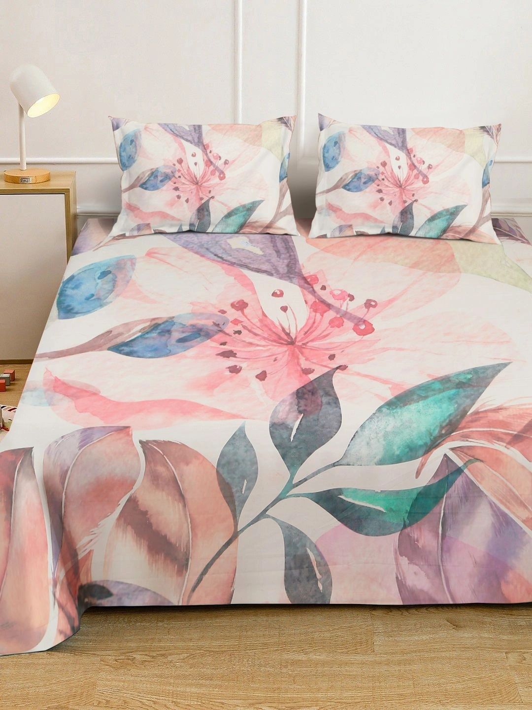 Moda Rapido X KLOTTHE Putih & Merah Jambu Bunga 400 TC Cadar King dengan 2 Sarung Bantal