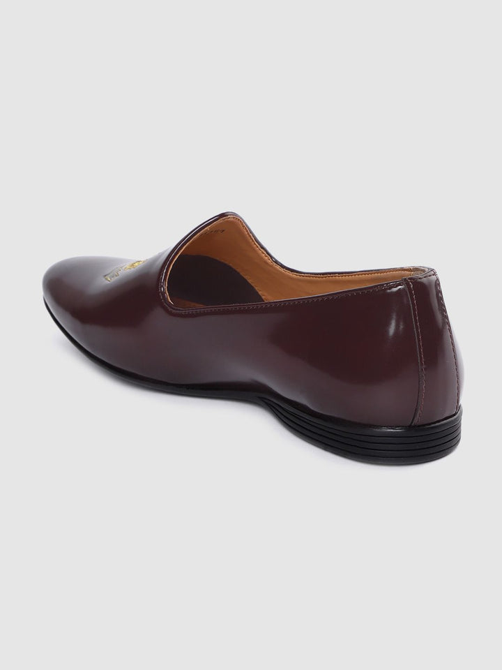 House of Pataudi Men Burgundy Solid Mojaris with Embroidered Detail