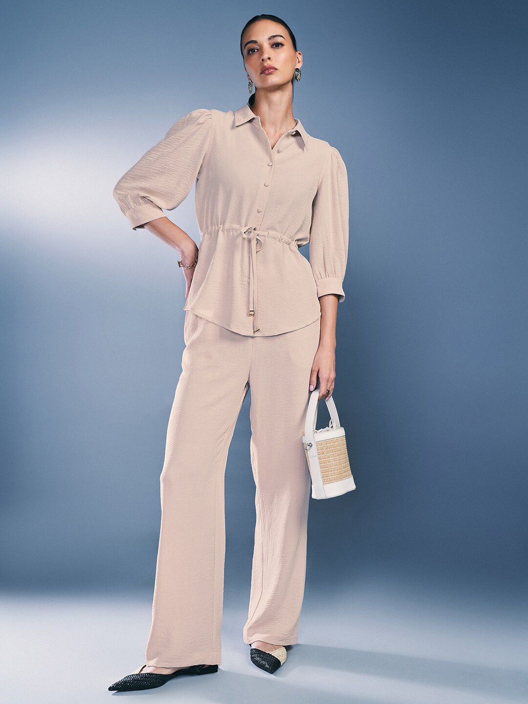 AND Shirt Collar Three-Quarter Sleeves Top & Trousers