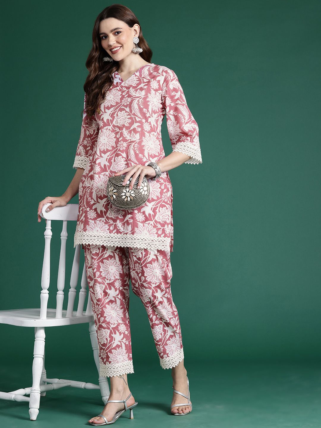 Indo Era Floral Printed Pure Cotton Tunic With Trousers