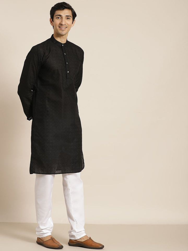 SOJANYA Men Black Ethnic Motifs Chikankari Pure Cotton Kurta with Churidar & Nehru Jacket