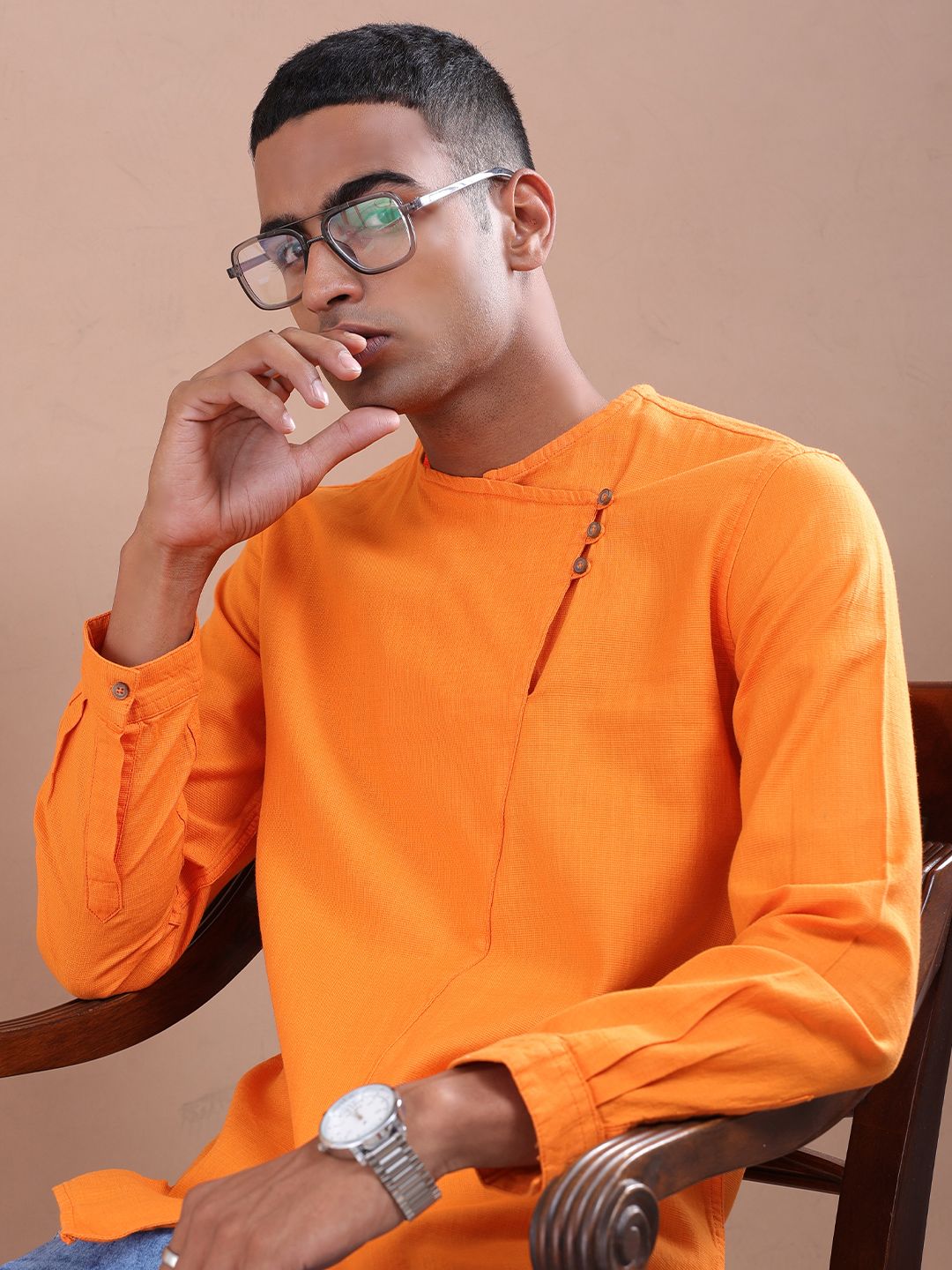 The Indian Garage Co Men Orange Gotta Patti Floral Anarkali Kurta