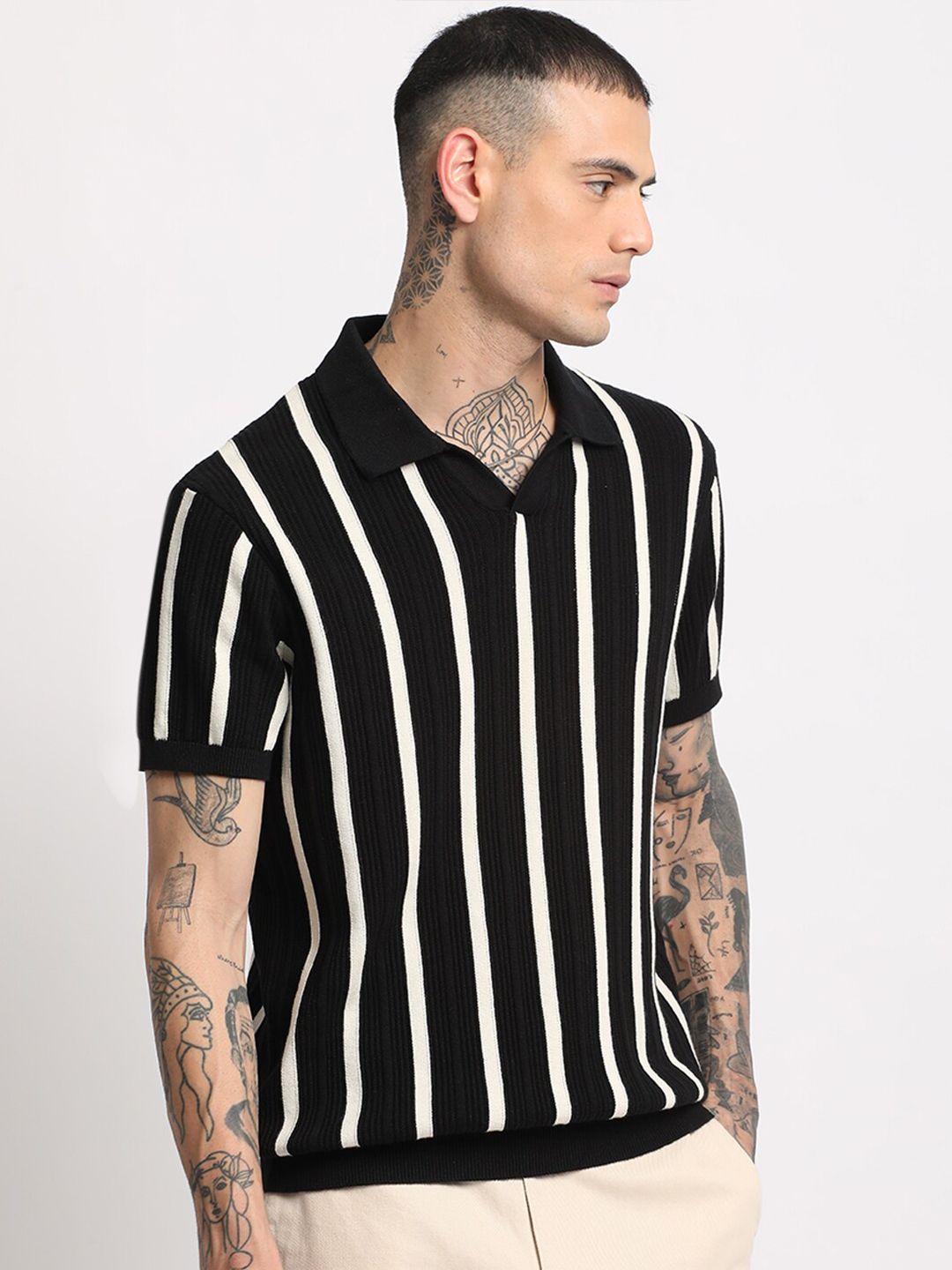 THE BEAR HOUSE Men Striped Regular Fit Cotton Polo Collar T-Shirt