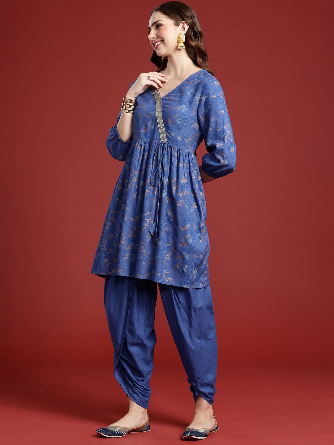 Anouk Women Floral Printed Angrakha Kurta With Dhoti Pants
