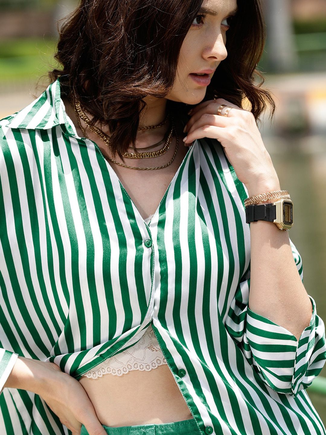 STREET 9 Green & White Comfort Opaque Striped Longline Casual Shirt