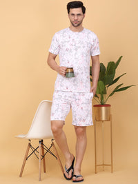 Sweet Dreams Men White & Pink Graphic Printed Round Neck T Shirt & Shorts