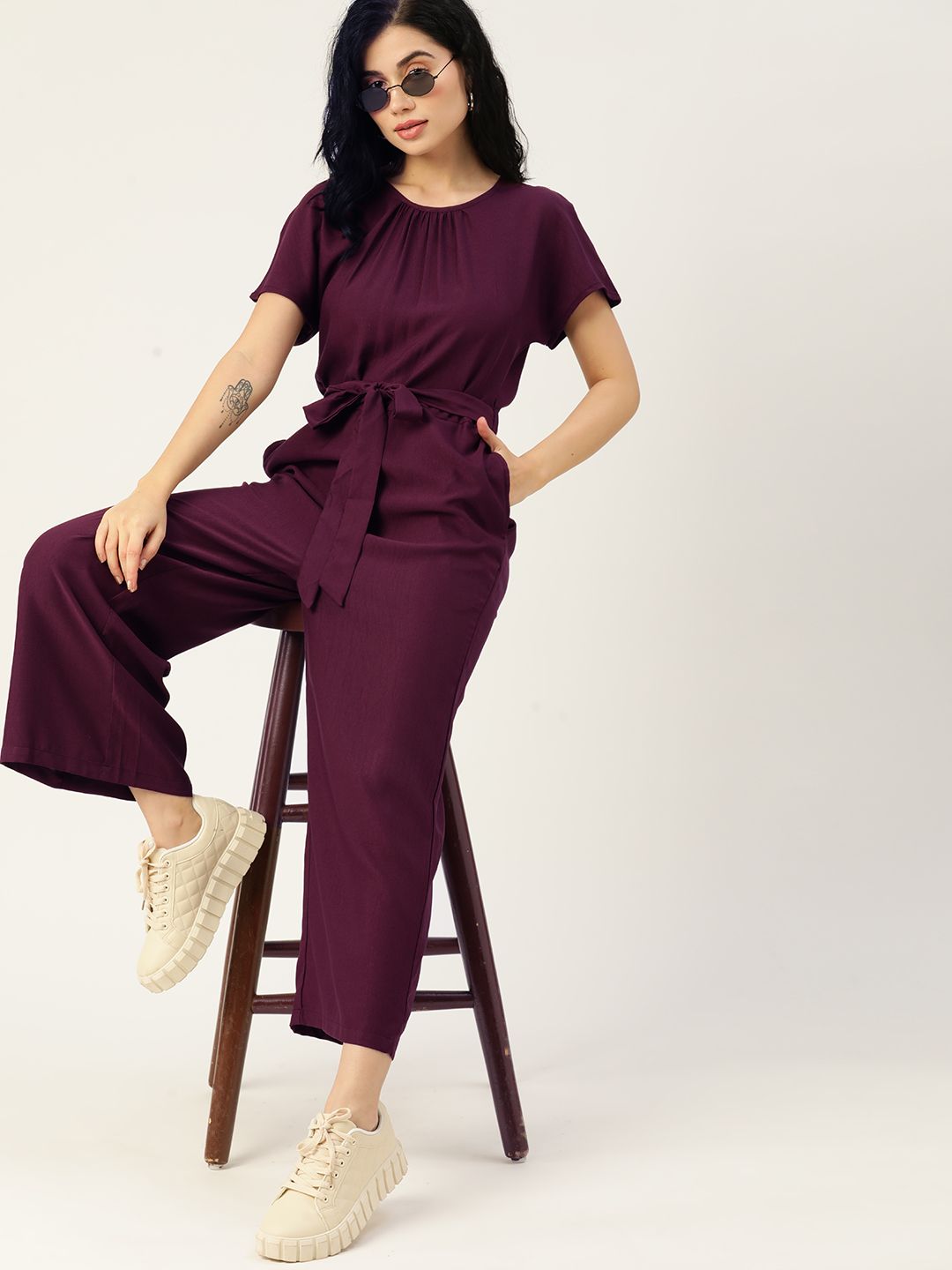 DressBerry Women Burgundy Solid Extended Sleeves Basic Jumpsuit
