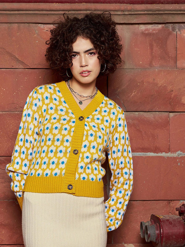Sassafras Floral Printed V-Neck Ribbed Woolen Cardigan