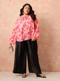 all about you Plus Size Floral Print Tie-Up Neck Puff Sleeves Semi-Sheer Georgette Top