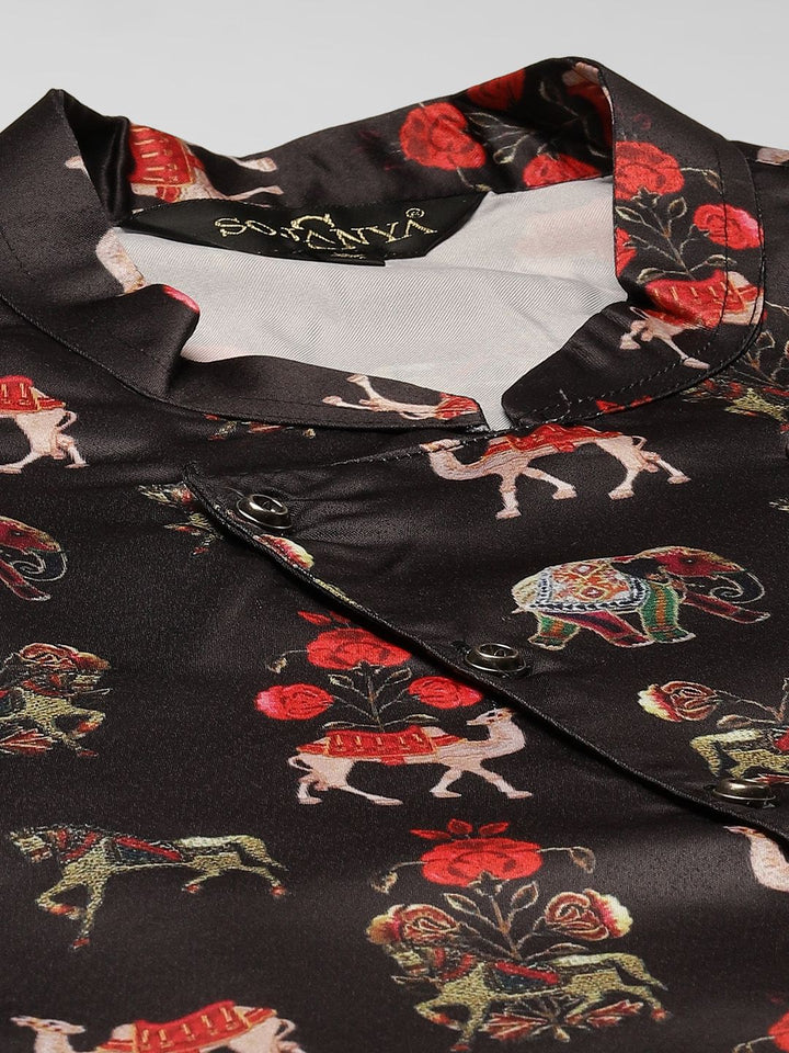 SOJANYA Men Black & Golden Ethnic Motifs Print Kurta & Churidar with Tailored Jacket
