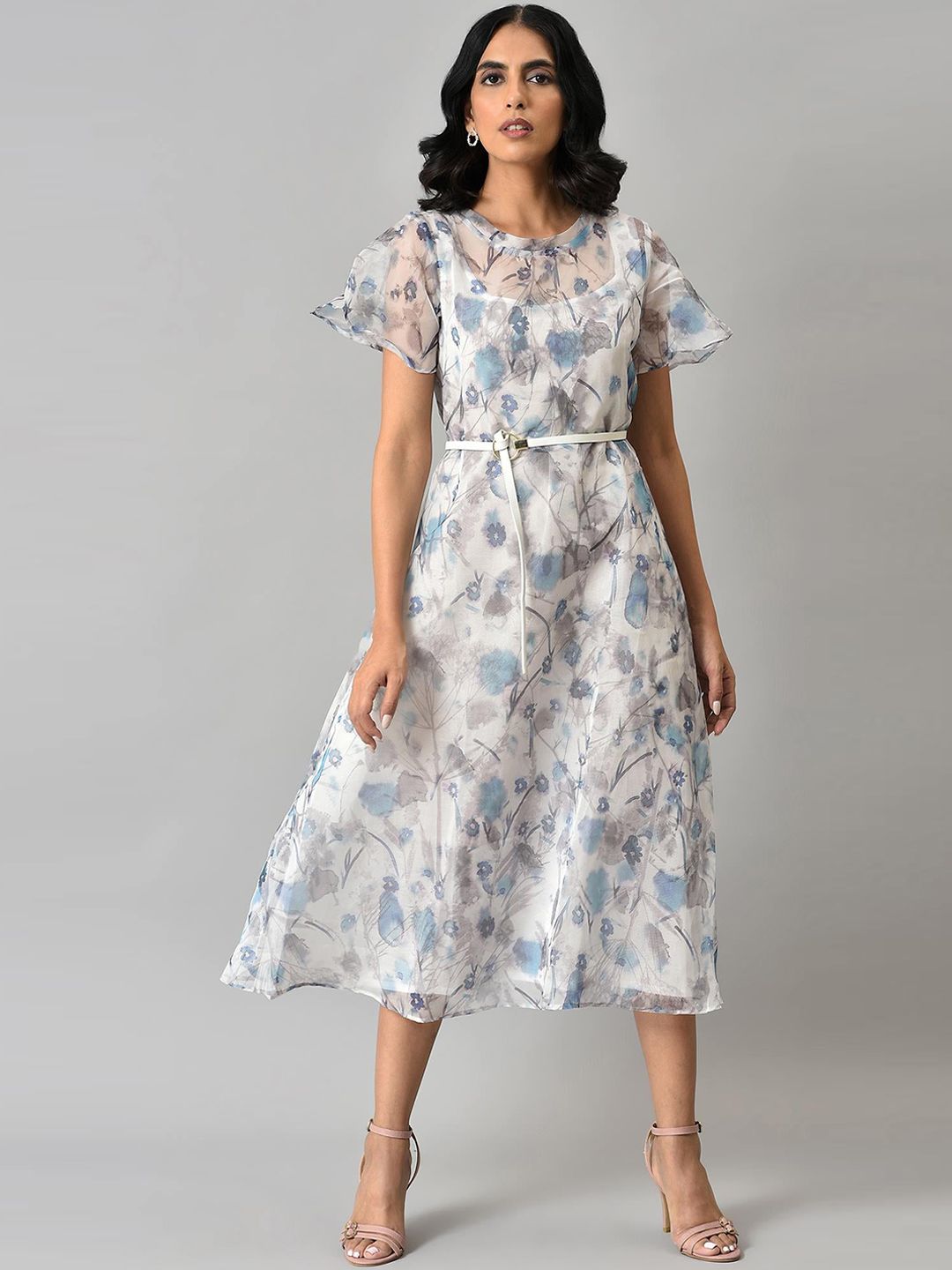 W Women Off- White & Grey Abstract Printed A-Line Ethnic Dress