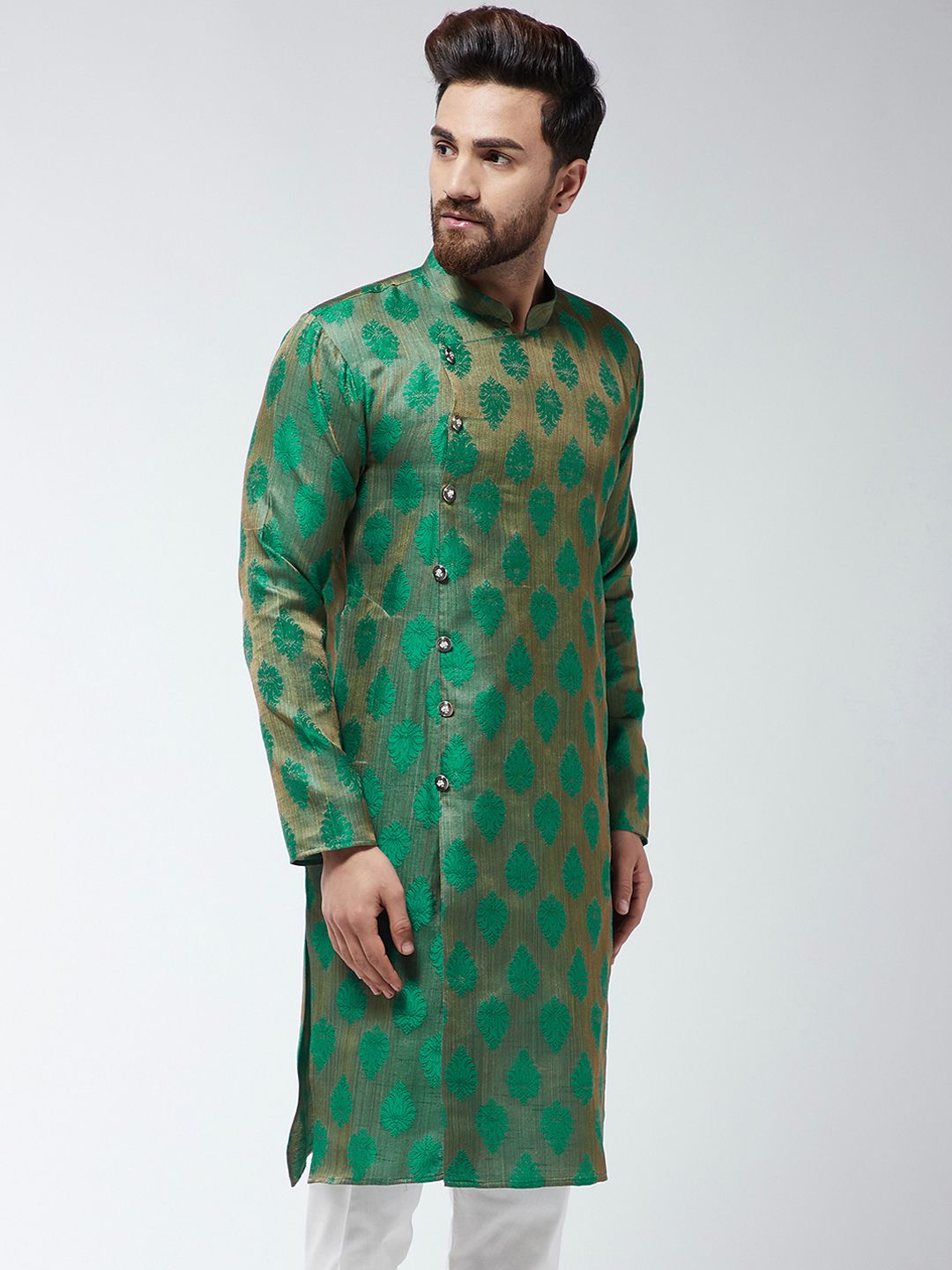 SOJANYA Kurta Lurus Bersulam Hijau & Beige Lelaki
