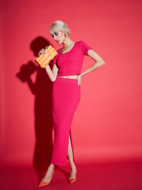 SASSAFRAS Magenta Pink Self Design Rib Crop Top