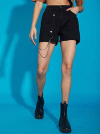 SASSAFRAS Women Black Chains Detail Pure Cotton Denim Shorts
