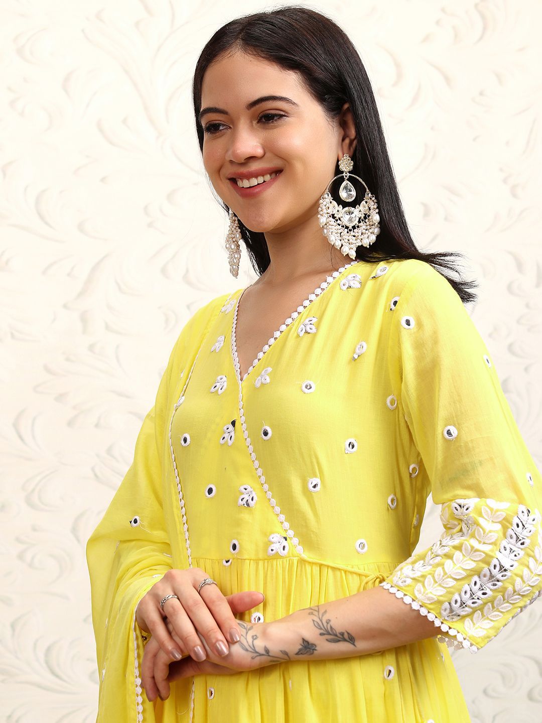 Vishudh Yellow Embroidered Mirror Work Pure Cotton Angrakha Kurta With Trousers & Dupatta