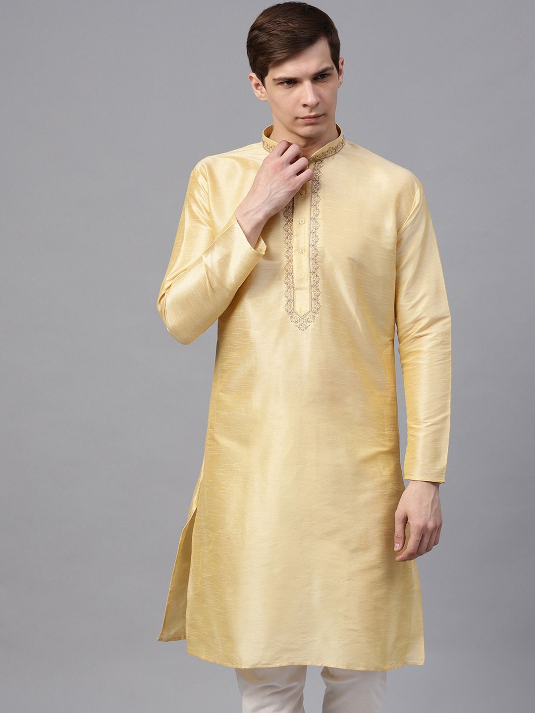 SOJANYA Men Gold-Coloured Yoke Design Straight Kurta