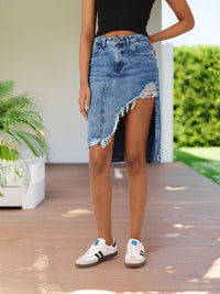 DressBerry Women Urban Edge High Rise Ripped Denim Faded Asymmetric A-Line Skirt