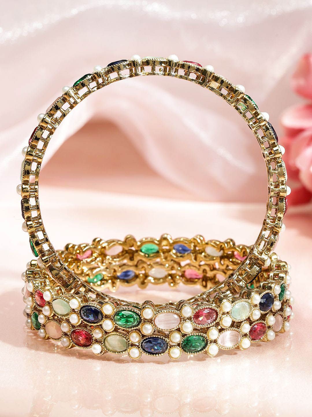 Rubans Set of 4 18K Gold-Plated Multicolour Zirconia & Pearl Beaded Designer Bangles