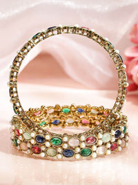 Rubans Set of 4 18K Gold-Plated Multicolour Zirconia & Pearl Beaded Designer Bangles