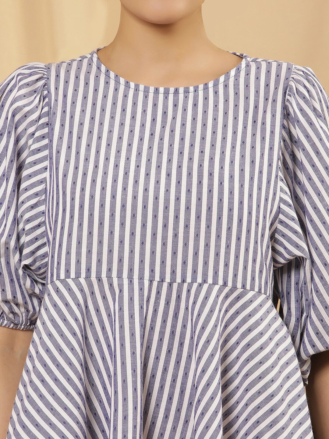W Vertical Striped Puff Sleeves Cotton Peplum Top