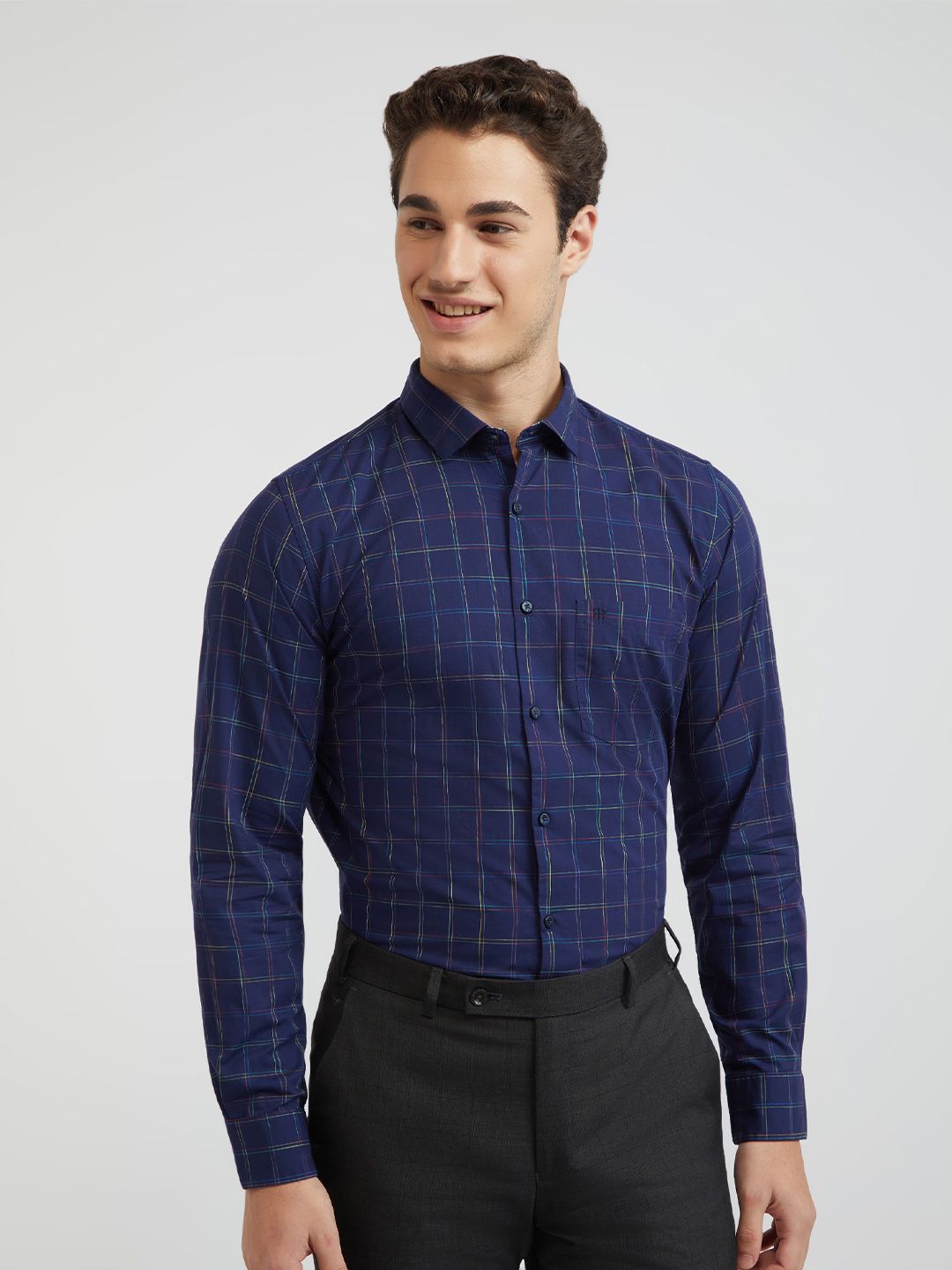 Raymond Men Blue Checked Pure Cotton Shirt