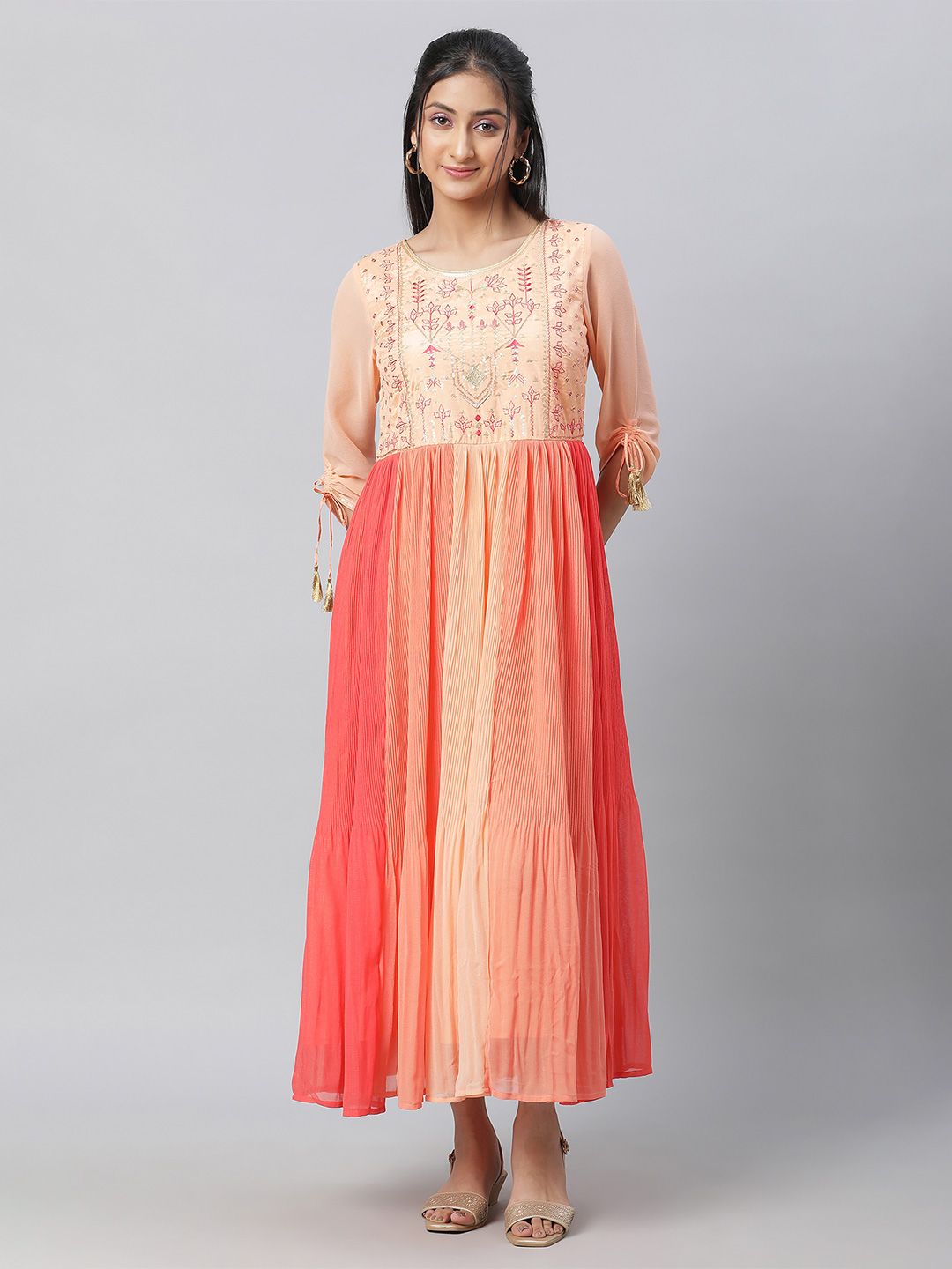 AURELIA Women Floral Embroidered Round Neck Fit and Flare Maxi Dress