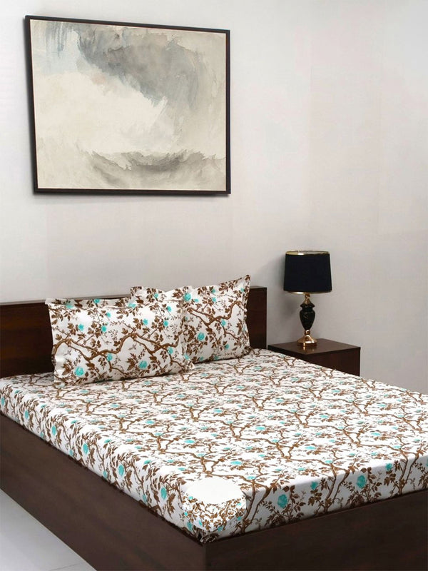 BOMBAY DYEING Brown Floral Cotton 144 TC Fitted Queen Bedsheet Set-1.52cmX1.98 cmX 30 cm