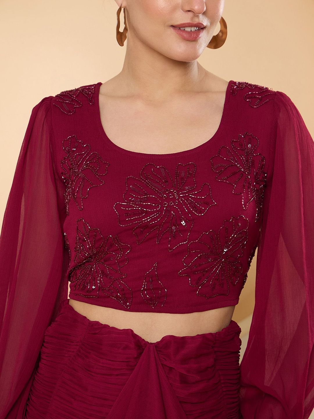 Antheaa Round Neck Floral Beads And Stones Crop Top With Skirts