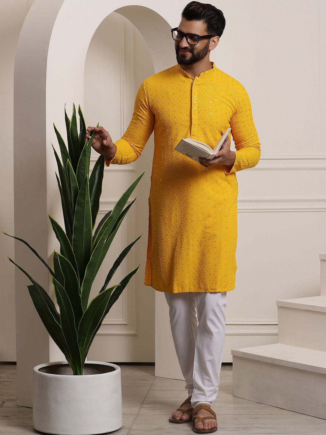 SOJANYA Ethnic Embroidered Sequined Pure Cotton Straight Kurta