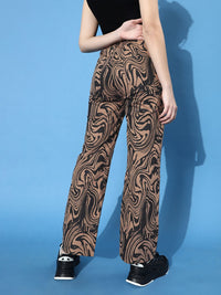 STREET 9 Women Deep Brown Printed Mid-Rise Trousers