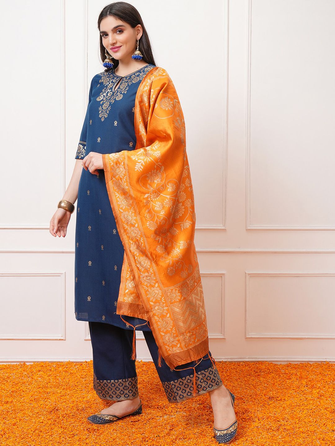Vishudh Teal Blue Floral Printed Regular Kurta with Palazzo & Dupatta