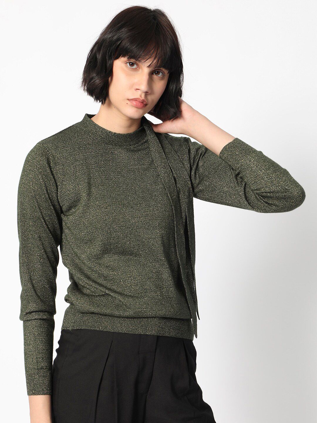 RAREISM Round Neck Acrylic Tie up Shimmer Sweater