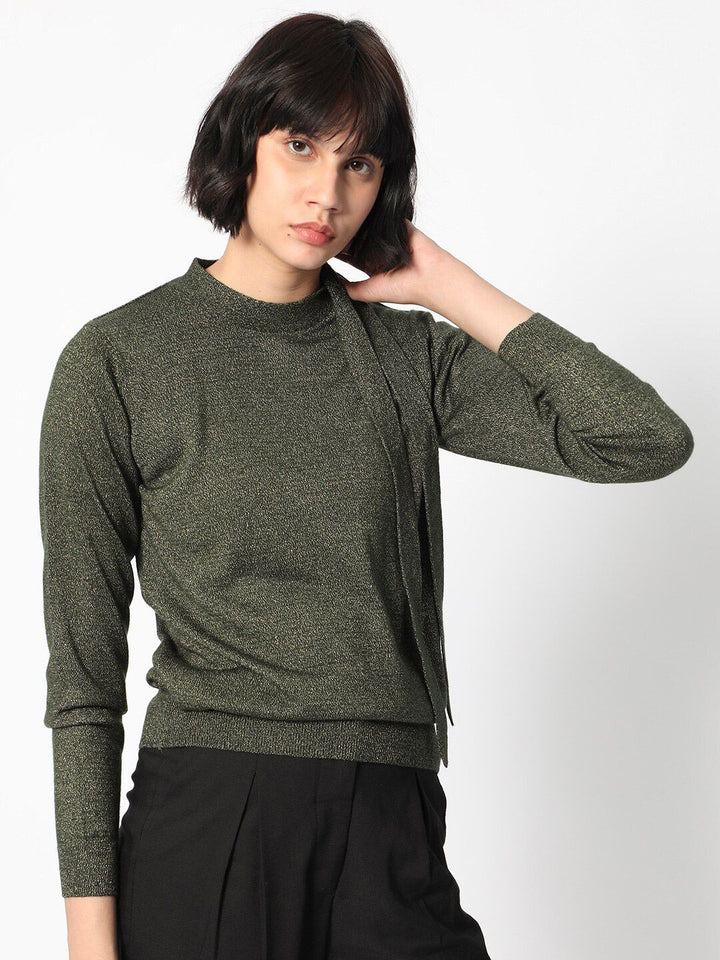 RAREISM Round Neck Acrylic Tie up Shimmer Sweater