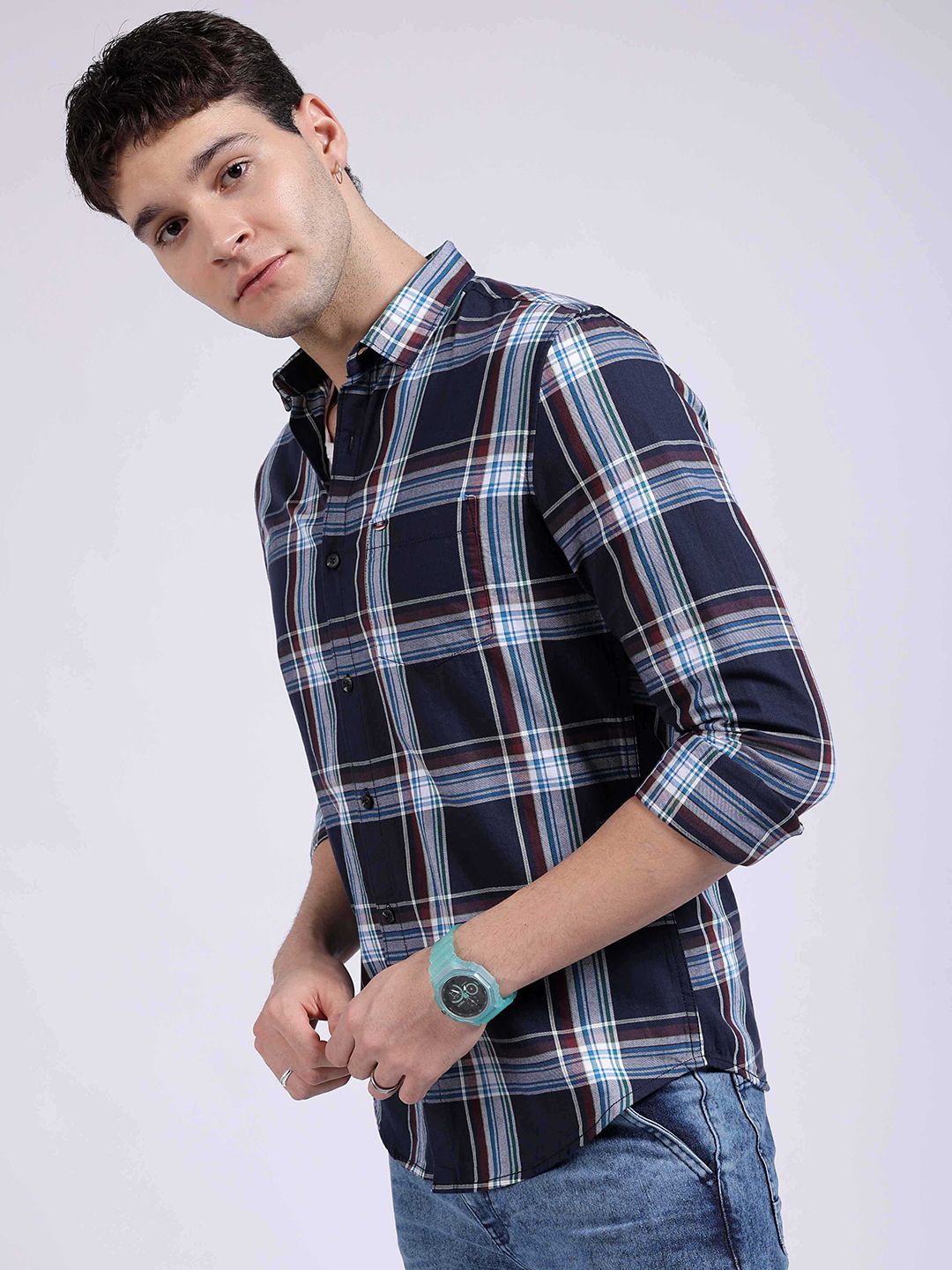 The Indian Garage Co Spread Collar Slim Fit Checked Twill Casual Pure Cotton Shirt