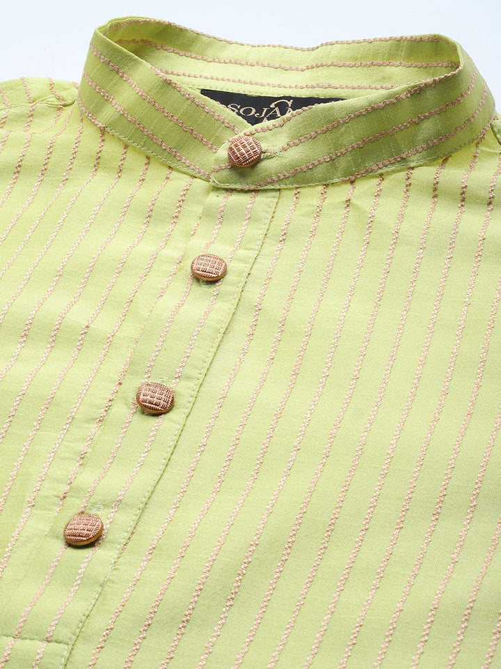 SOJANYA Lelaki Lime Green & Beige Striped Thread Work Straight Kurta Churidar Nehru Jaket