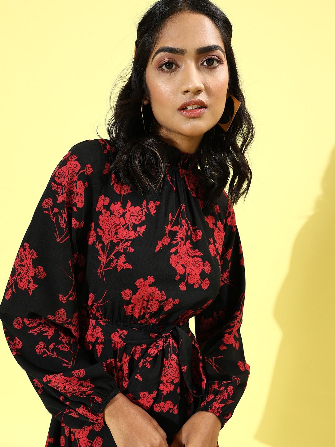 Berrylush Black & Red Floral Halter Neck Crepe A-Line Mini Dress