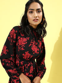 Berrylush Black & Red Floral Halter Neck Crepe A-Line Mini Dress