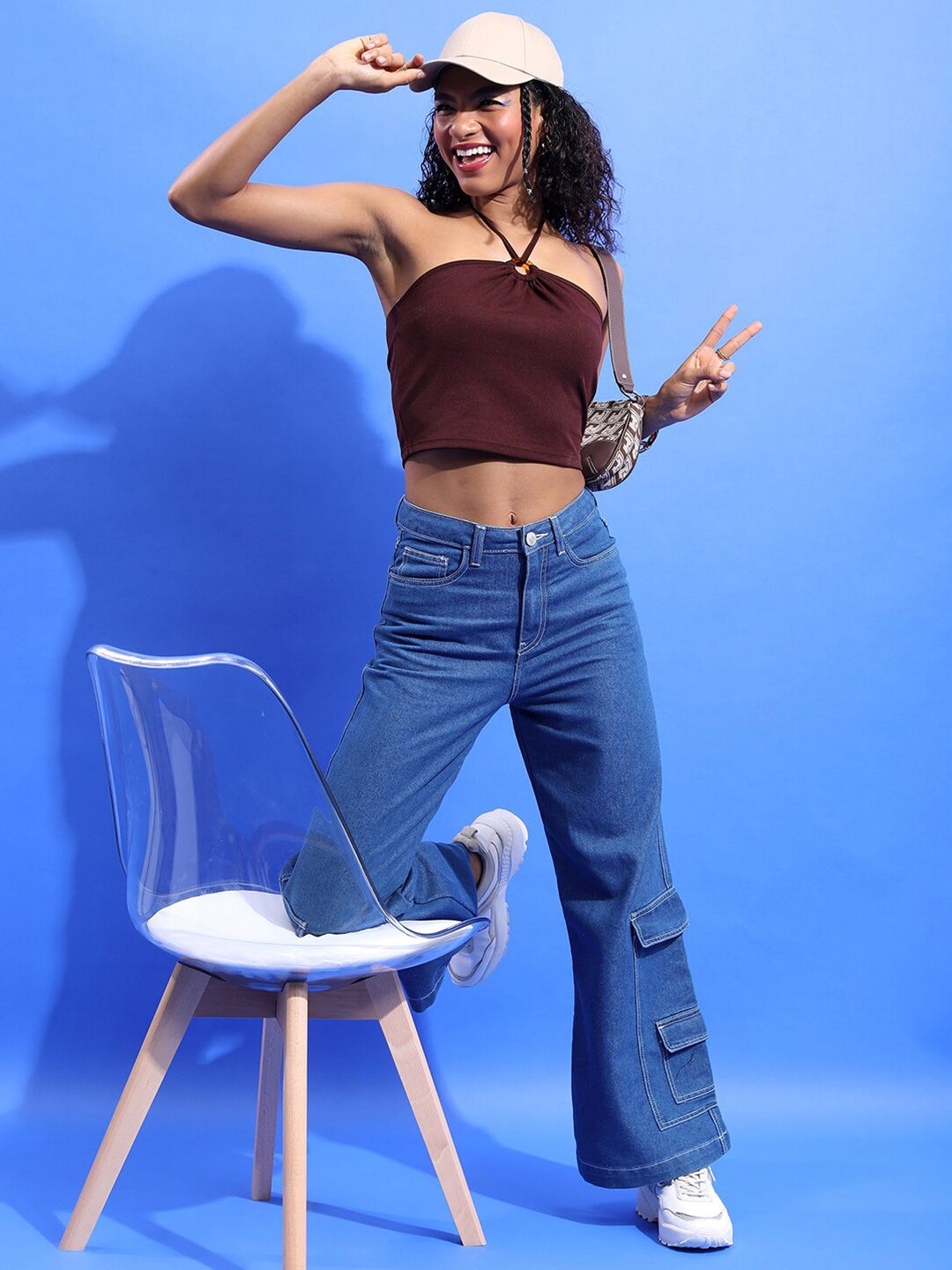 Tokyo Talkies Brown Halter Neck Crop Top