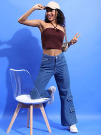 Tokyo Talkies Brown Halter Neck Crop Top