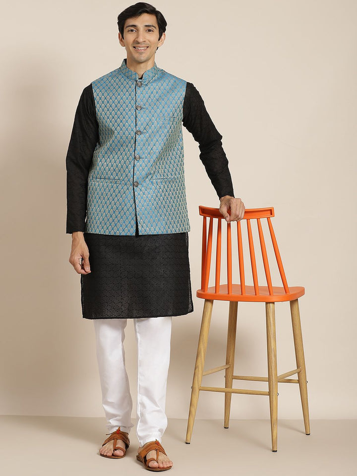 SOJANYA Lelaki Black Chikankari Pure Cotton Kurta with Churidar & Nehru Jacket