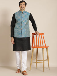 SOJANYA Men Black Chikankari Pure Cotton Kurta with Churidar & Nehru Jacket