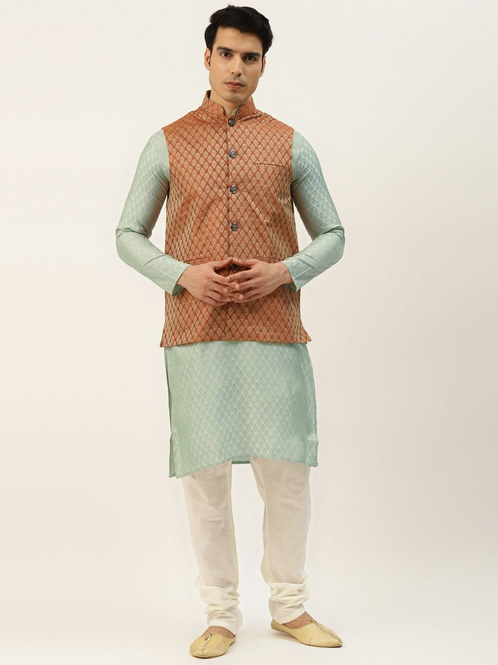 SOJANYA Lelaki Rust Red & Green Jacquard Etnik Motif Kurta Lurus dengan Churidar