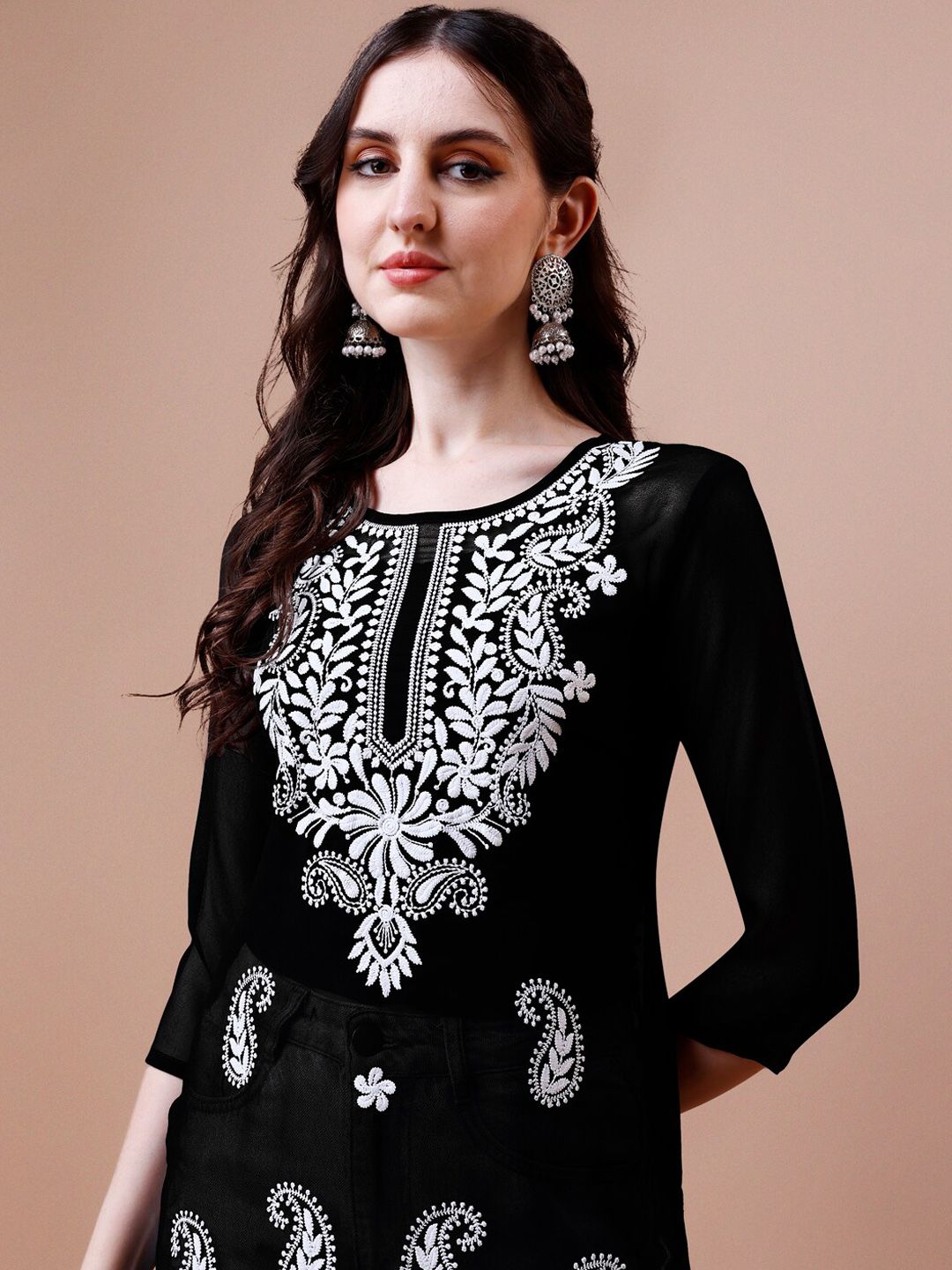 KALINI Embroidered Thread Work Floral Georgette Kurta