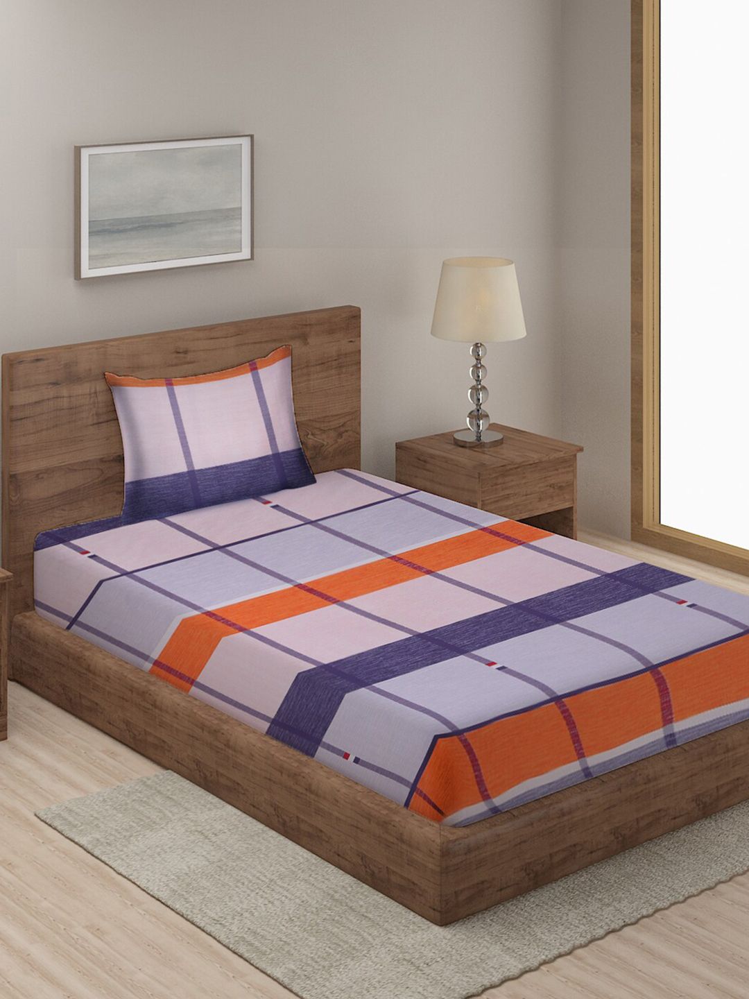 KLOTTHE Purple Geometric Cotton 210 TC Single Cadar Halus dengan Sarung Bantal-225 x 150 cm