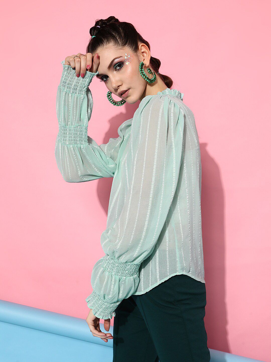 STREET 9 Turquoise Blue Striped Georgette Blouson Top
