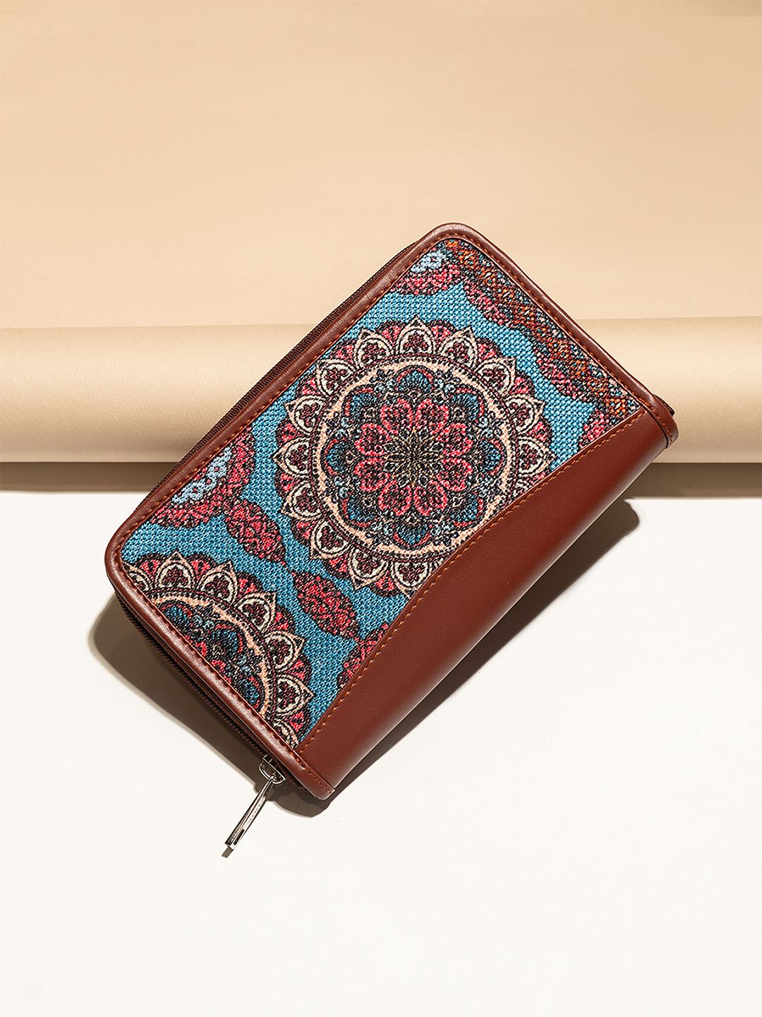 ZOUK Women Brown & Blue Geometric Printed Zip Around Wallet with SIM Card Holder