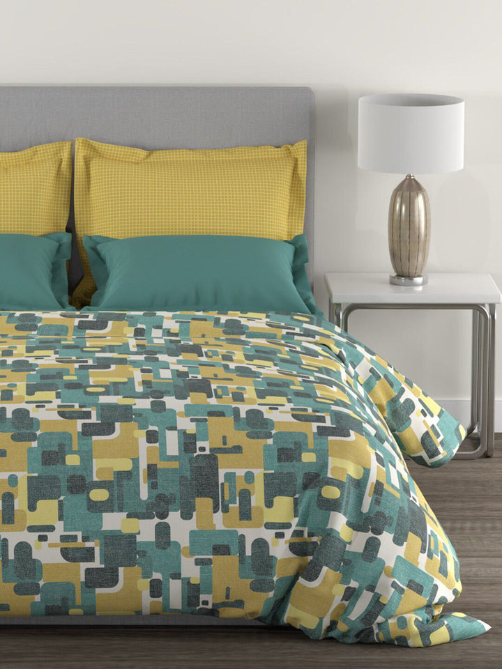 MYTRIDENT Yellow  Green Printed Cotton 144 TC Queen Bedsheet With 2 Pillow Covers